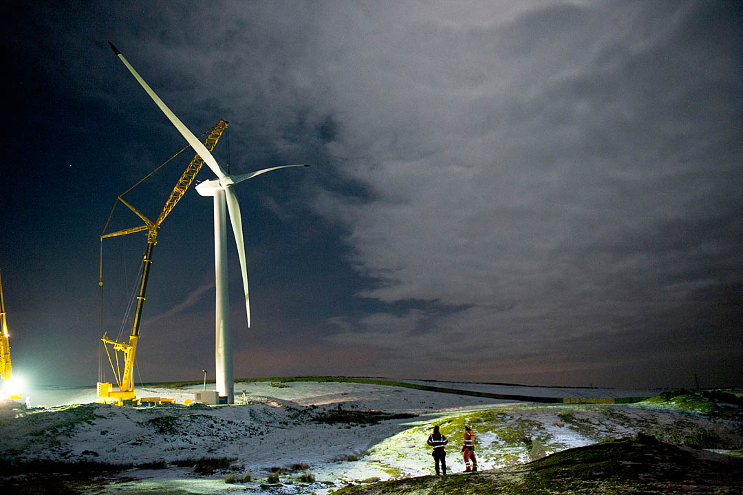 Commercial Photography: Wind Farm construction at night during low wind