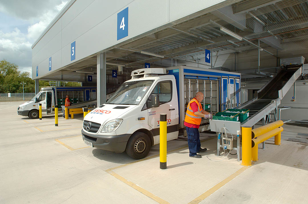 Commercial Photography: Tesco home shopping, loading delivery van, Kent, UK